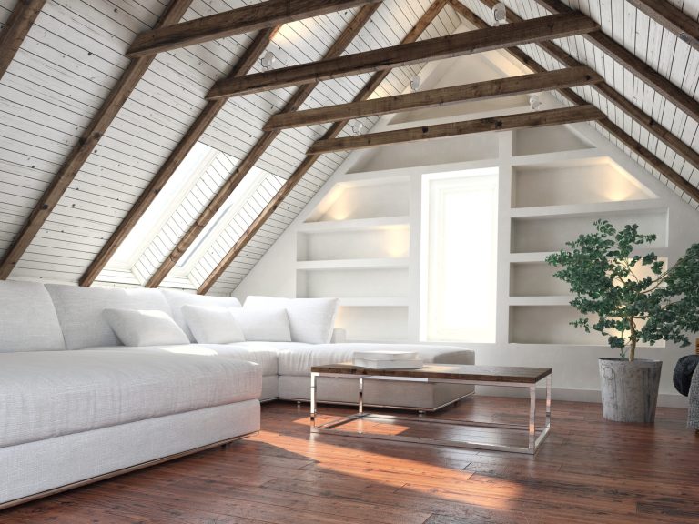 Attic living room concept with big white couch and potted indoor plant - minimalist interior design. 3d rendering